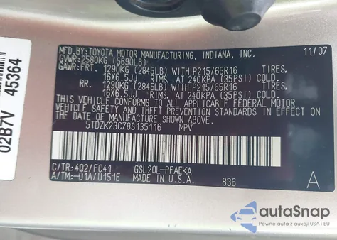 2008 Toyota Sienna Le z USA, uszkodzony, nr VIN 5TDZK23C78S135116